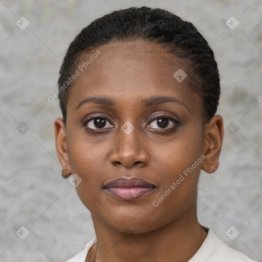 Joyful black young-adult female with short  brown hair and brown eyes