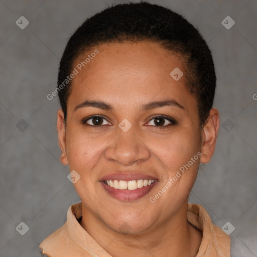 Joyful latino young-adult female with short  brown hair and brown eyes