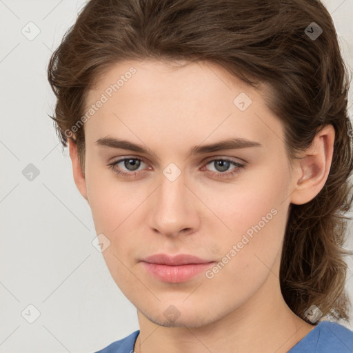 Neutral white young-adult female with medium  brown hair and brown eyes