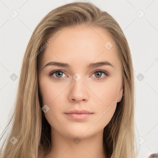 Neutral white young-adult female with long  brown hair and brown eyes