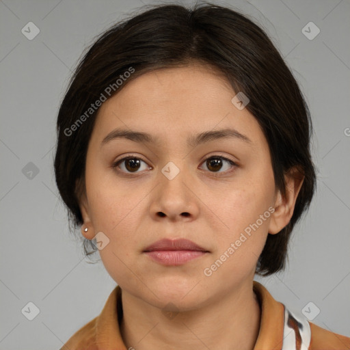 Neutral asian young-adult female with medium  brown hair and brown eyes