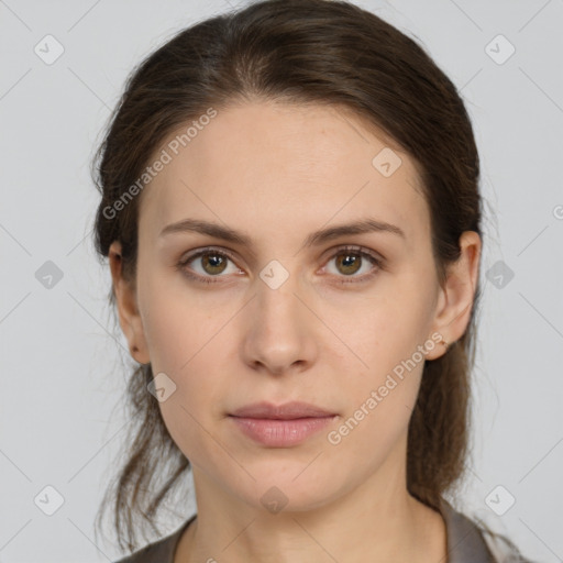 Neutral white young-adult female with medium  brown hair and grey eyes