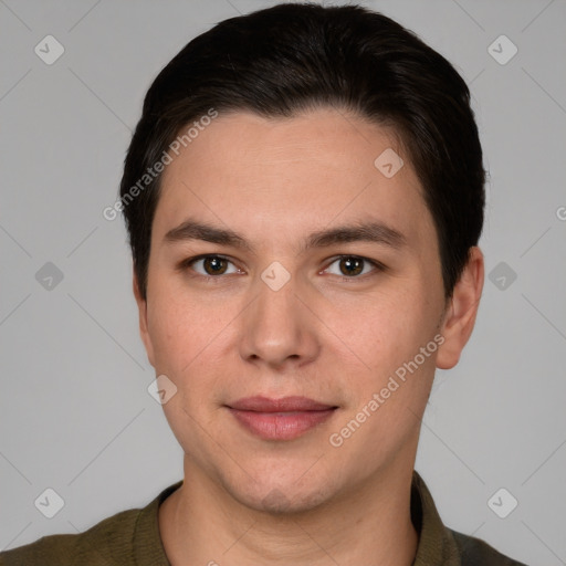 Joyful white young-adult male with short  brown hair and brown eyes