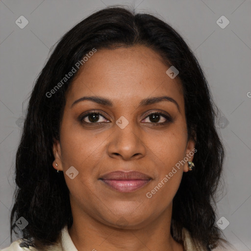 Joyful black young-adult female with medium  brown hair and brown eyes