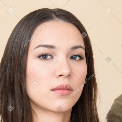 Neutral white young-adult female with long  brown hair and brown eyes