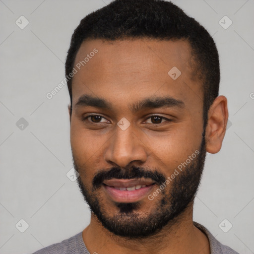 Joyful black young-adult male with short  black hair and brown eyes