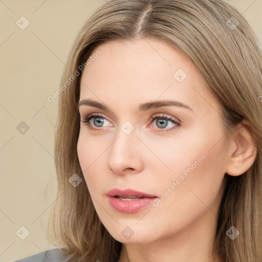 Neutral white young-adult female with long  brown hair and brown eyes