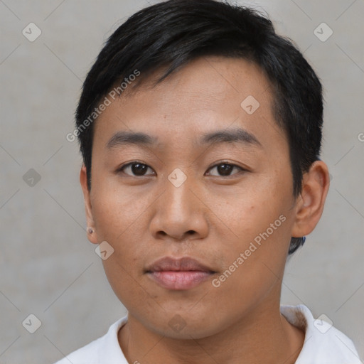 Neutral asian young-adult male with short  black hair and brown eyes