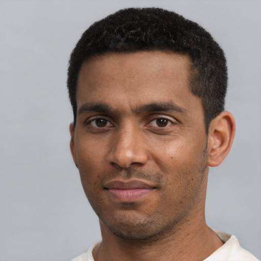 Neutral black young-adult male with short  black hair and brown eyes