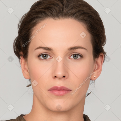 Neutral white young-adult female with short  brown hair and brown eyes