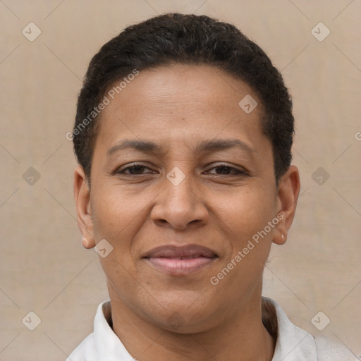 Joyful latino young-adult female with short  brown hair and brown eyes