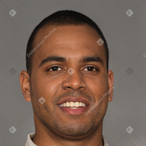 Joyful black young-adult male with short  brown hair and brown eyes