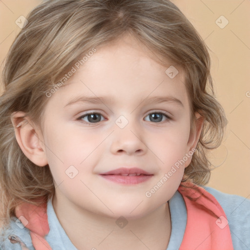 Joyful white child female with medium  brown hair and blue eyes