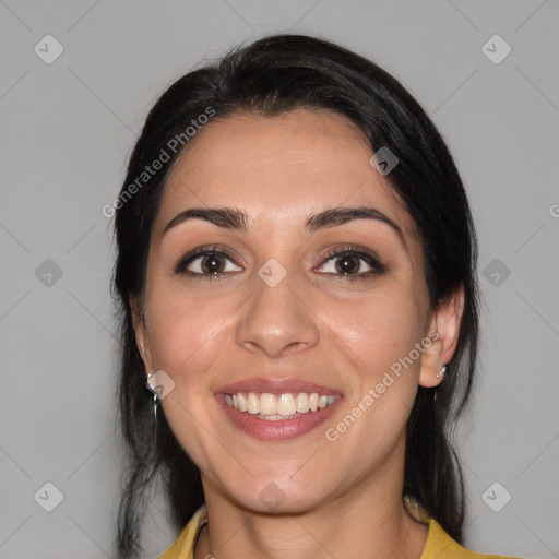 Joyful white young-adult female with medium  brown hair and brown eyes