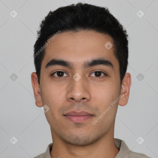 Neutral latino young-adult male with short  black hair and brown eyes