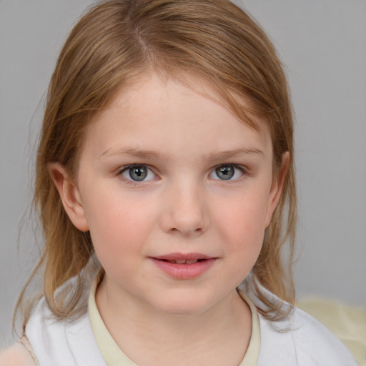 Neutral white child female with medium  brown hair and blue eyes