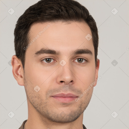 Neutral white young-adult male with short  brown hair and brown eyes