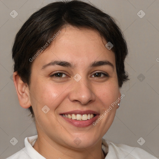 Joyful white young-adult female with short  brown hair and brown eyes