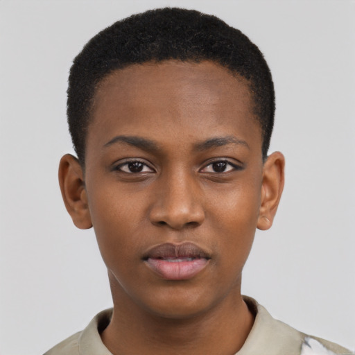 Neutral black young-adult female with short  black hair and brown eyes