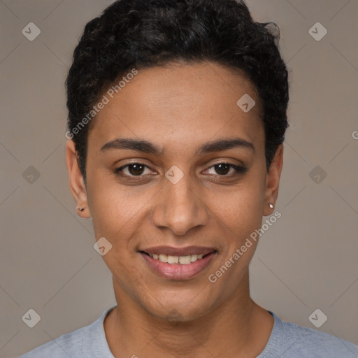 Joyful latino young-adult female with short  black hair and brown eyes