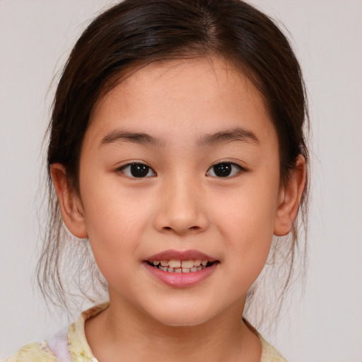 Joyful asian child female with medium  brown hair and brown eyes