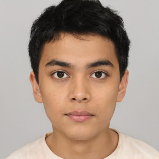 Neutral asian child male with short  black hair and brown eyes