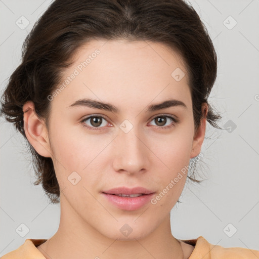 Neutral white young-adult female with medium  brown hair and brown eyes