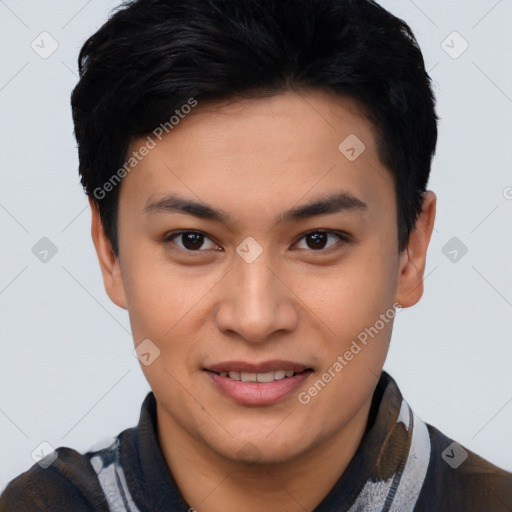 Joyful asian young-adult female with short  black hair and brown eyes