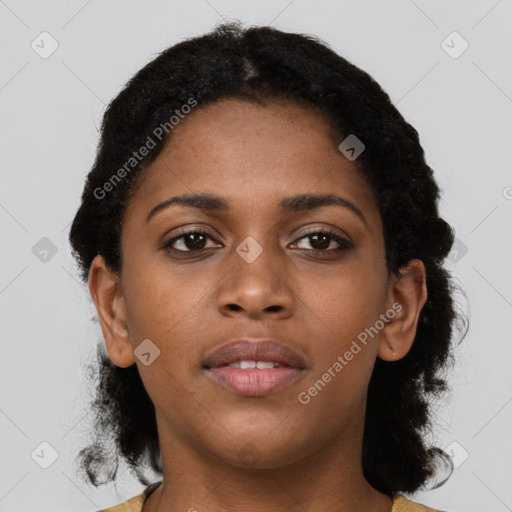 Neutral black young-adult female with short  black hair and brown eyes