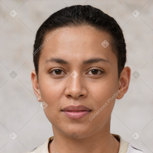 Joyful white young-adult female with short  brown hair and brown eyes