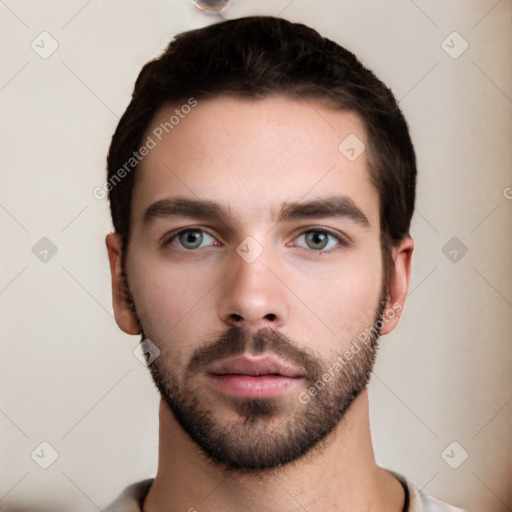 Neutral white young-adult male with short  black hair and brown eyes