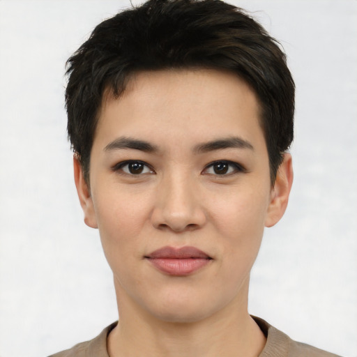 Joyful asian young-adult female with short  black hair and brown eyes