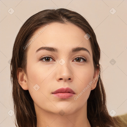 Neutral white young-adult female with long  brown hair and brown eyes