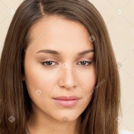 Neutral white young-adult female with long  brown hair and brown eyes