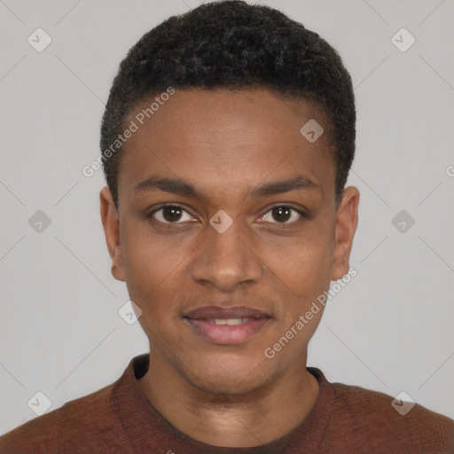Neutral black young-adult male with short  black hair and brown eyes