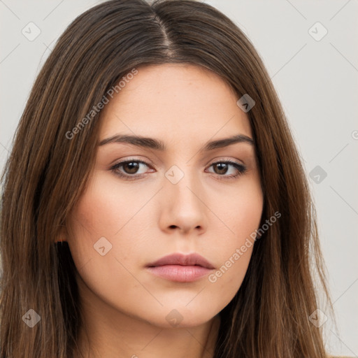 Neutral white young-adult female with long  brown hair and brown eyes