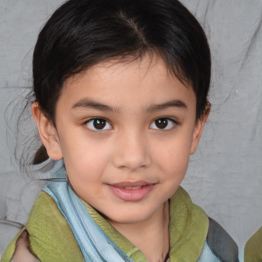 Joyful white child female with medium  brown hair and brown eyes