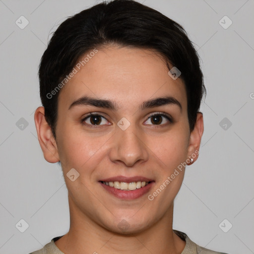 Joyful white young-adult female with short  brown hair and brown eyes