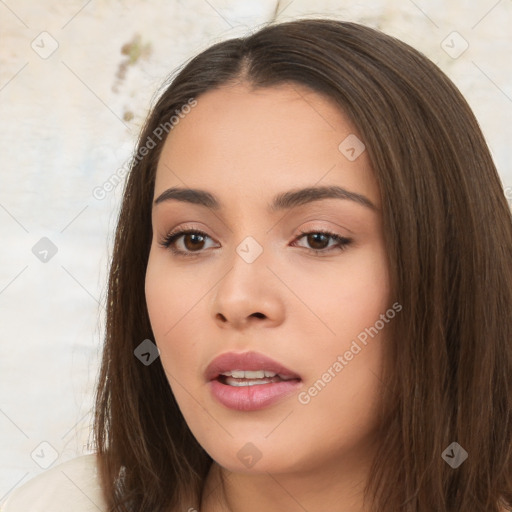 Neutral white young-adult female with long  brown hair and brown eyes