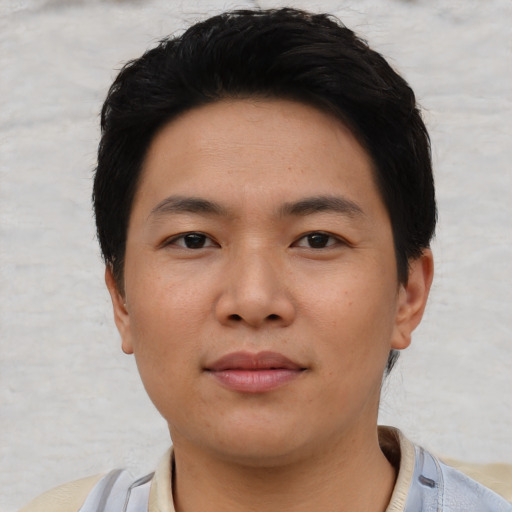 Neutral asian young-adult male with short  black hair and brown eyes
