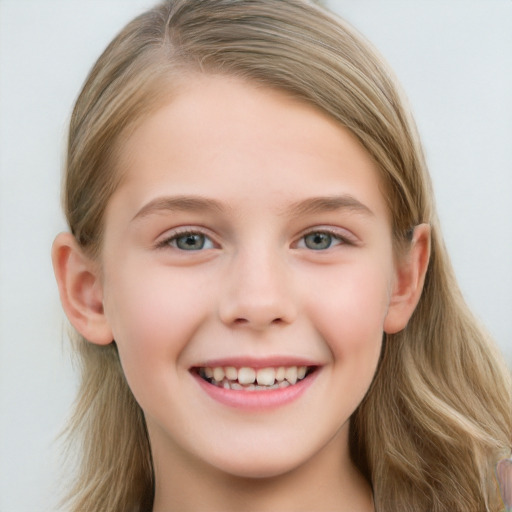 Joyful white child female with long  brown hair and blue eyes