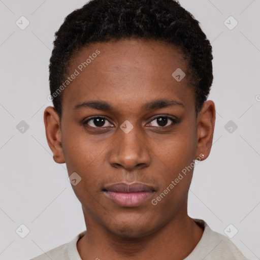 Neutral black young-adult male with short  black hair and brown eyes