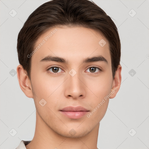 Neutral white young-adult male with short  brown hair and brown eyes