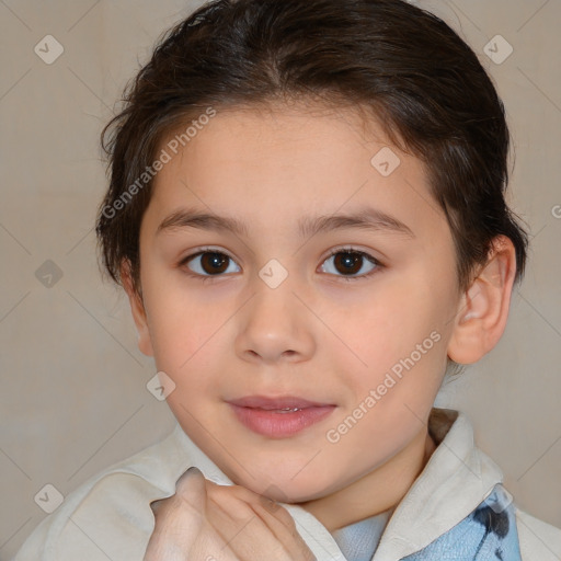 Joyful white child female with medium  brown hair and brown eyes