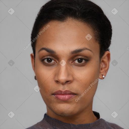 Neutral black young-adult female with short  black hair and brown eyes