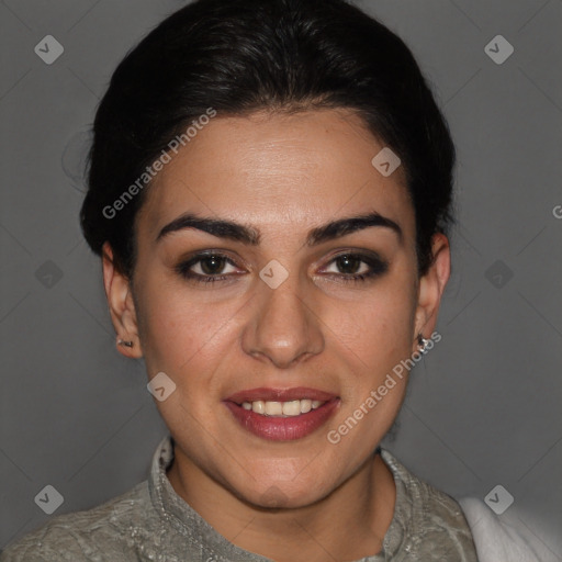 Joyful white young-adult female with short  brown hair and brown eyes