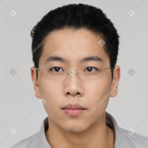 Neutral asian young-adult male with short  black hair and brown eyes