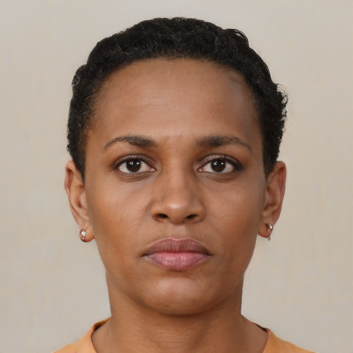 Neutral black young-adult female with short  brown hair and brown eyes