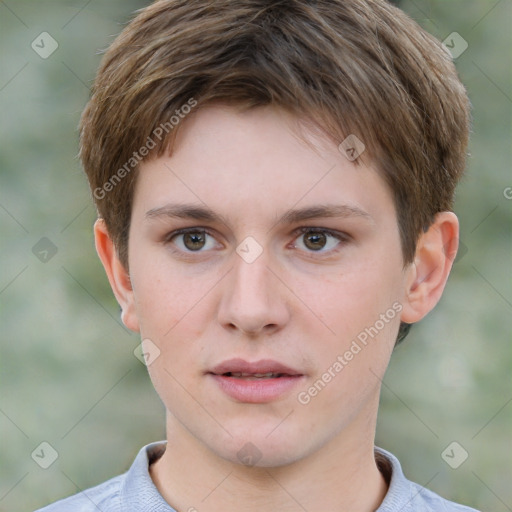 Neutral white young-adult female with short  brown hair and brown eyes