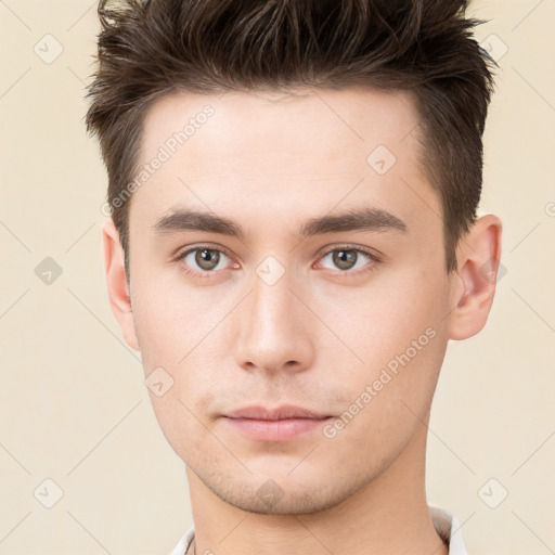 Neutral white young-adult male with short  brown hair and brown eyes